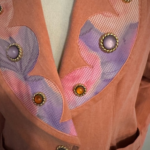 Lace vintage Women's Coral Blazer with Embellished Lapel. Ptp 19”lenght 24” - Picture 6 of 10